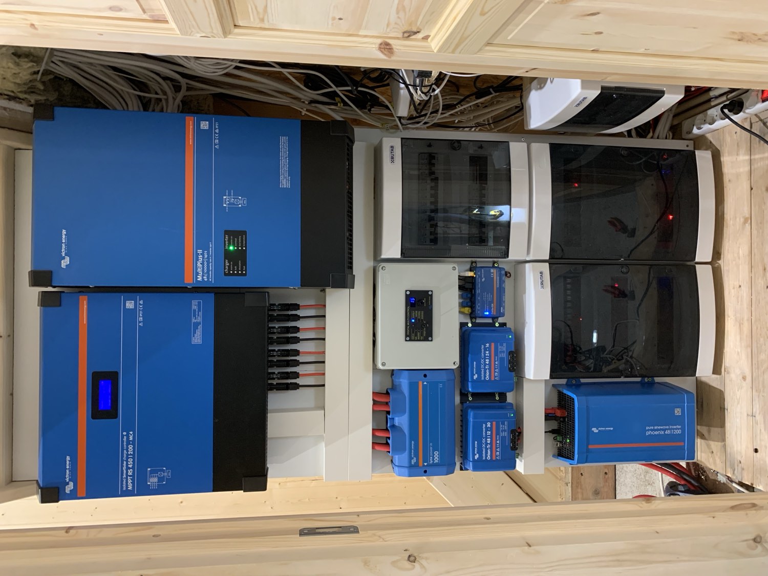 Wall-mounted Victron inverter, charge controller and DC distribution in a pine-panelled cupboard