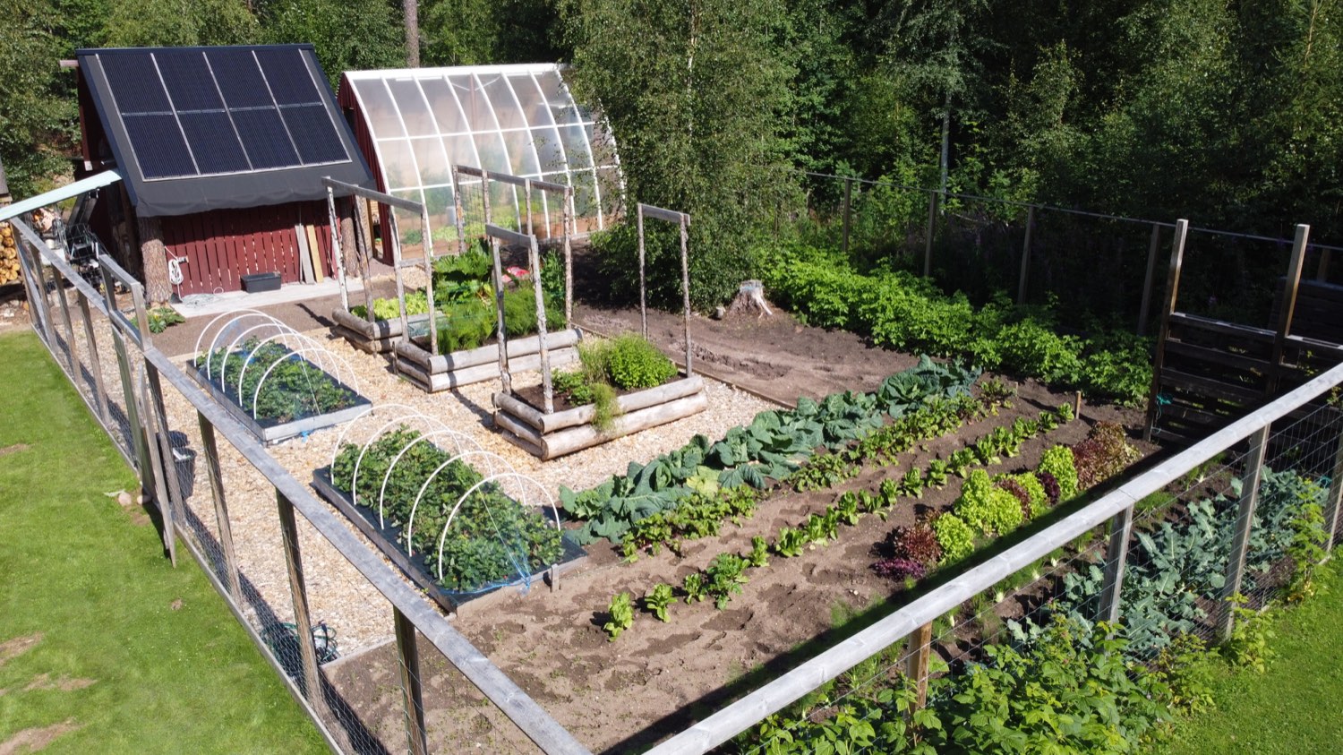 Aerial view of the fenced garden with a greenhouse, polytunnel and long rows of vegetables