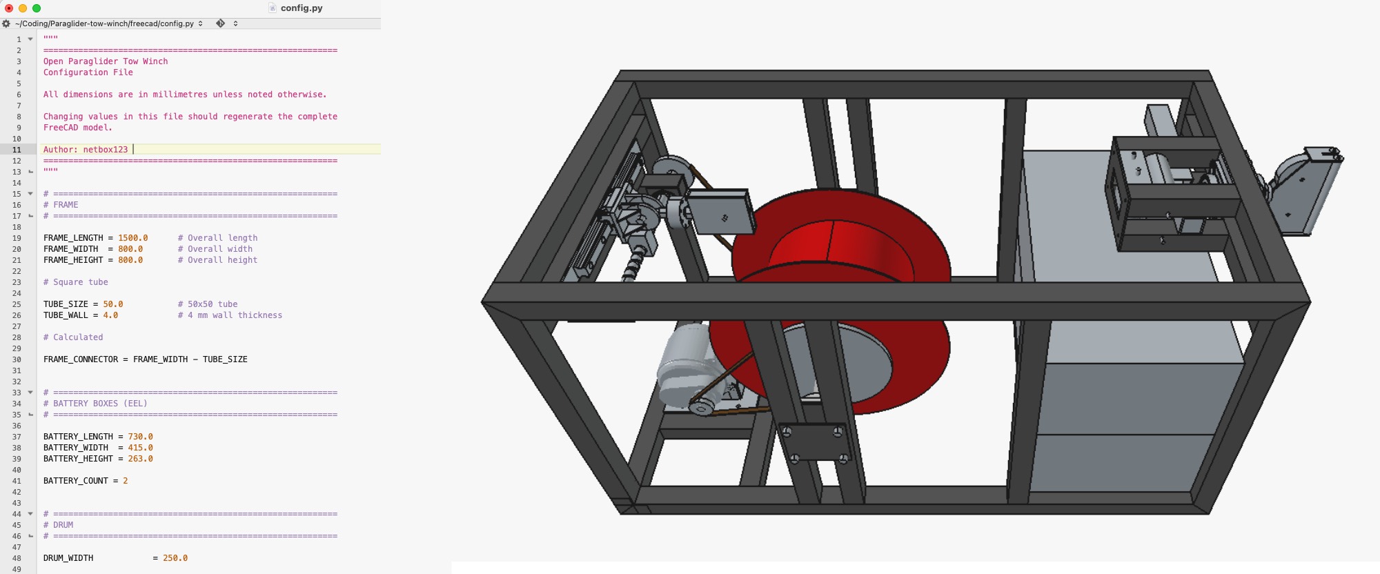 3D CAD model of the tow winch: steel tube frame, red cable drum, motor and battery boxes